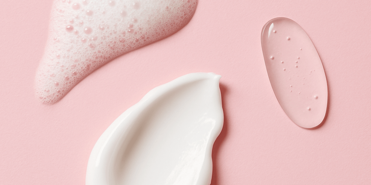 Närbild av tre hudvårdsprodukter på en rosa bakgrund