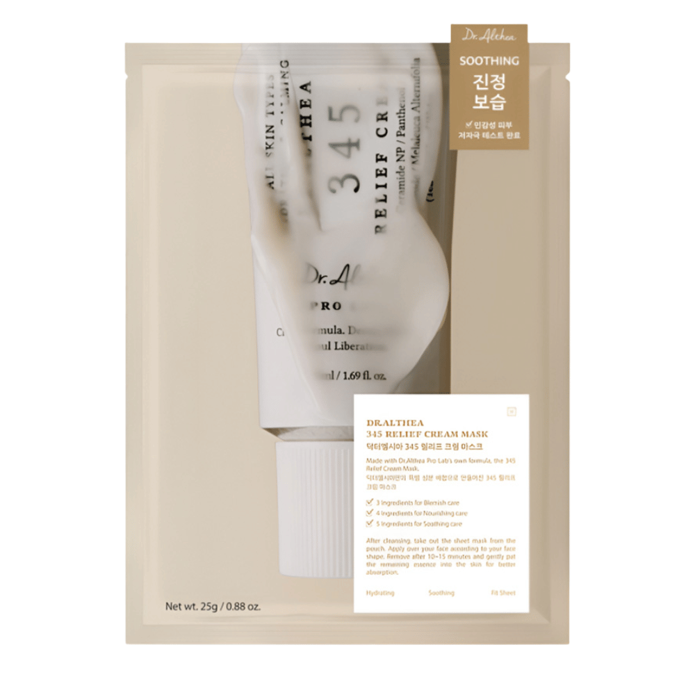 Dr. Althea 345 Relief Cream Mask Sheet mask rauhoittavilla ainesosilla, kuten niasiiniamidi, keramidi ja centella asiatica