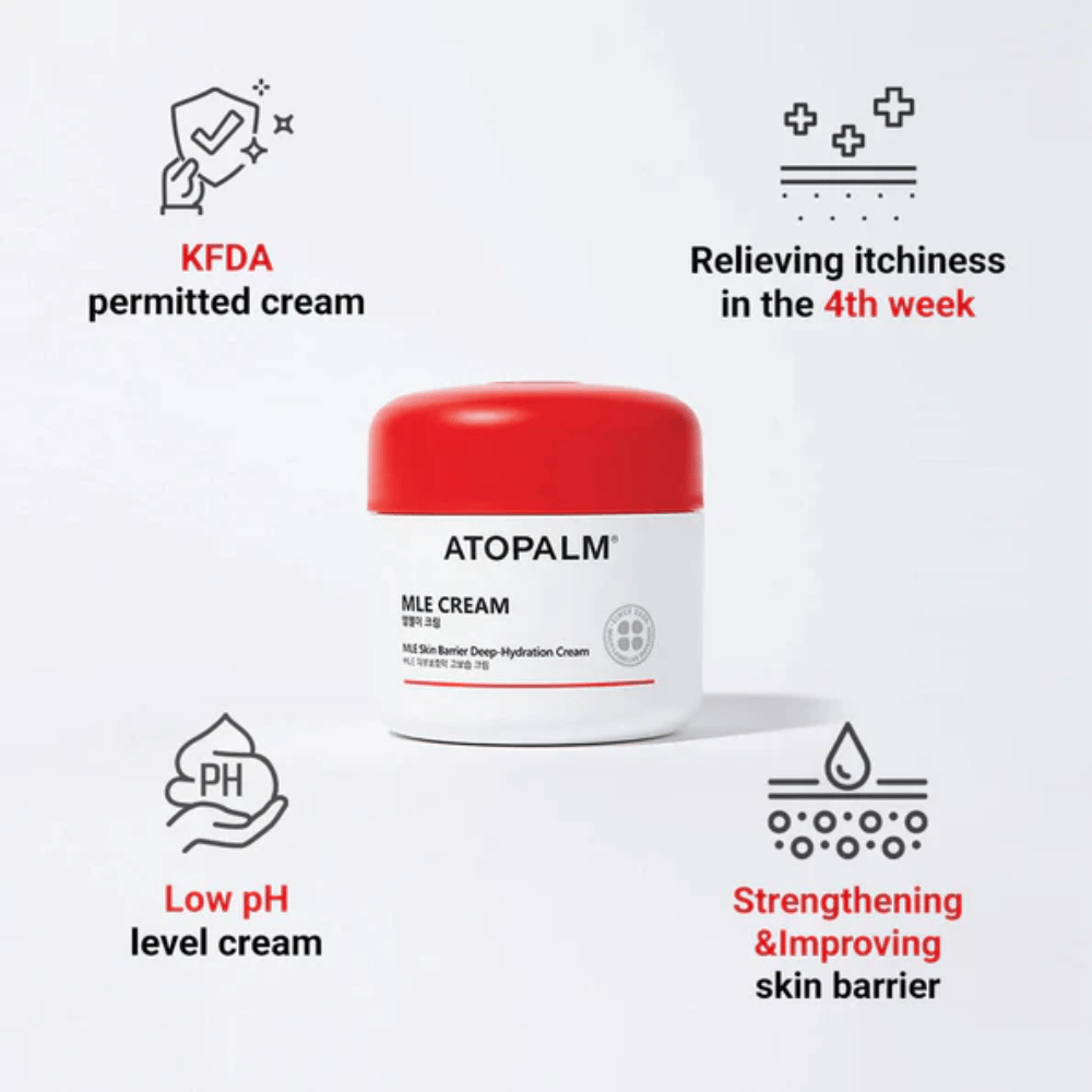 ATOPALM MLE Cream MLE-teknologialla, joka tasapainottaa kosteutta, kosteuttaa syvältä ja vahvistaa ihon suojaa pehmeämmän ja kestävämmän ihon saamiseksi.