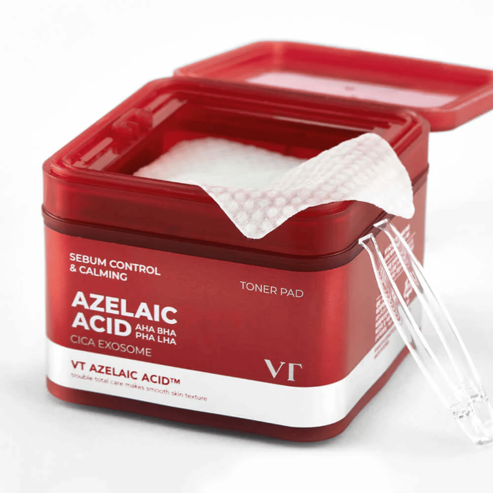 Avoin purkki VT Azelaic Acid Toner Padista ja pinsetit – helppoon ja hygieeniseen käyttöön.