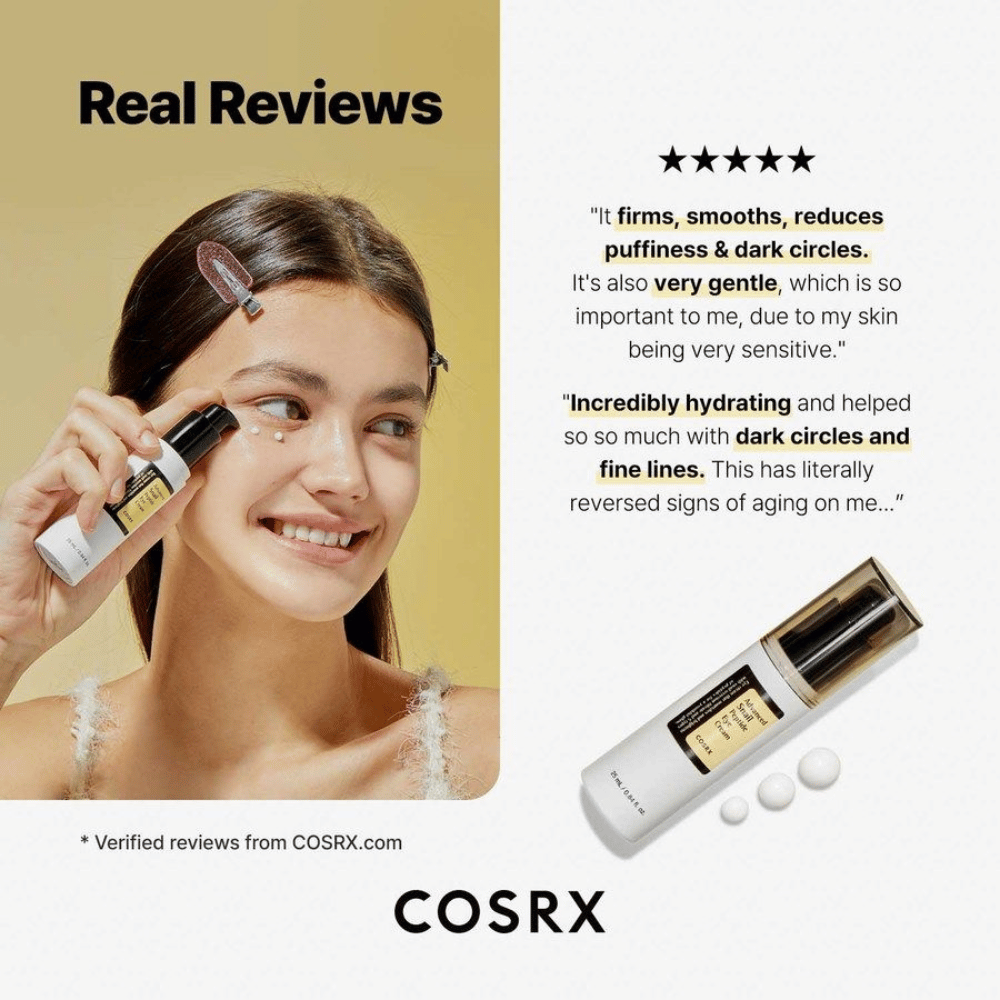 COSRX Advanced Snail Peptide Eye Cream levitetään silmien alle – Silmänympärysvoide 73,7% snail mucin:llä ja peptideillä tummia renkaita, turvotusta ja hienoja juonteita vastaan