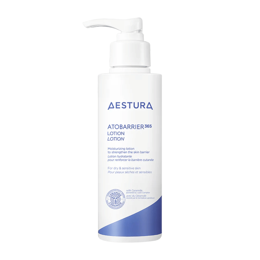 Tuotekuva AESTURA Atobarrier 365 Lotion – kosteuttava voide kuivalle ja herkälle iholle, sisältää keramidia ja niasiiniamidia.