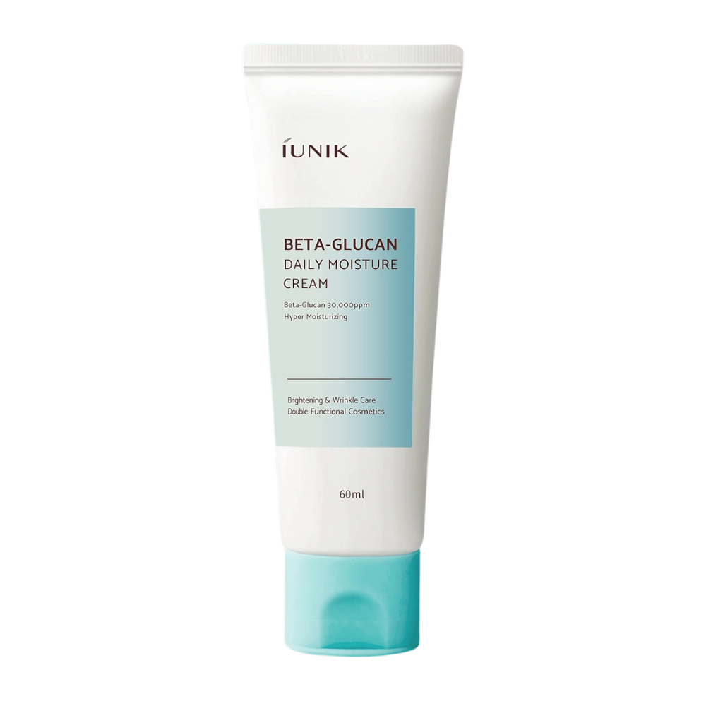 Vapaasti rajattu tuotekuva tuotteesta iUNIK Beta-Glucan Daily Moisture Cream 60 ml. Tuubin designi ja tuotteen nimi näkyvät selkeästi neutraalia taustaa vasten, mikä antaa siistin ja ammattimaisen tuote-esittelyn.