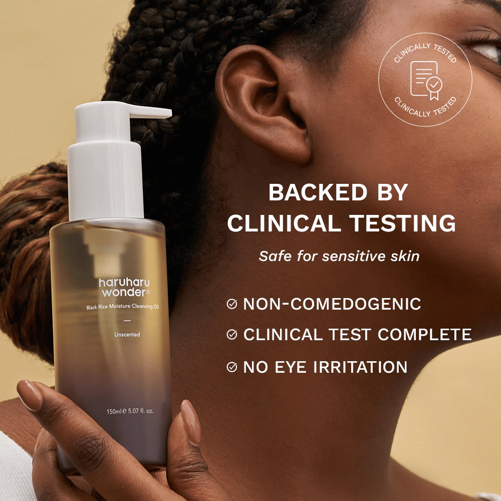 Haruharu Wonder Black Rice Moisture Cleansing Oil 150 ml – kliinisesti testattu öljypuhdistus herkälle iholle, ei-komedogeeninen eikä aiheuta silmä-ärsytystä.