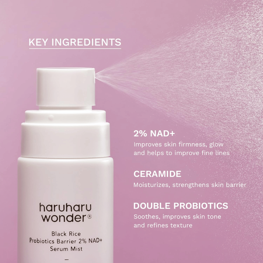 Haruharu Wonder Black Rice Probiotics Barrier 2% NAD+ Serum Mist NAD+:lla, keram ideilla ja probiooteilla