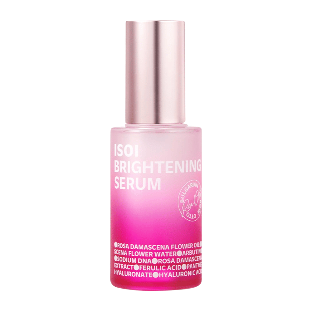 ISOI Brightening Serum 35 ml, hehkua antava kasvoseerumi, jossa on Rose PDRN ja arbutiinia vaaleanpunaisessa lasipullossa, jossa on metallinhohtoinen vaaleanpunainen korkki valkoista taustaa vasten.