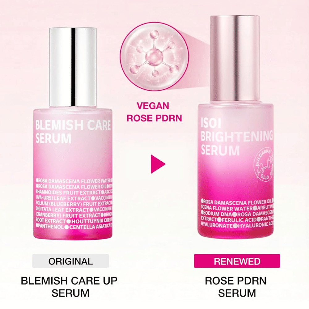 ISOI Brightening Serum vegaanisella Rose PDRN -uutteella. Vertailu alkuperäisen Blemish Care Up Serum ja päivitetyn vaaleanpunaisen seerumipullon välillä.
