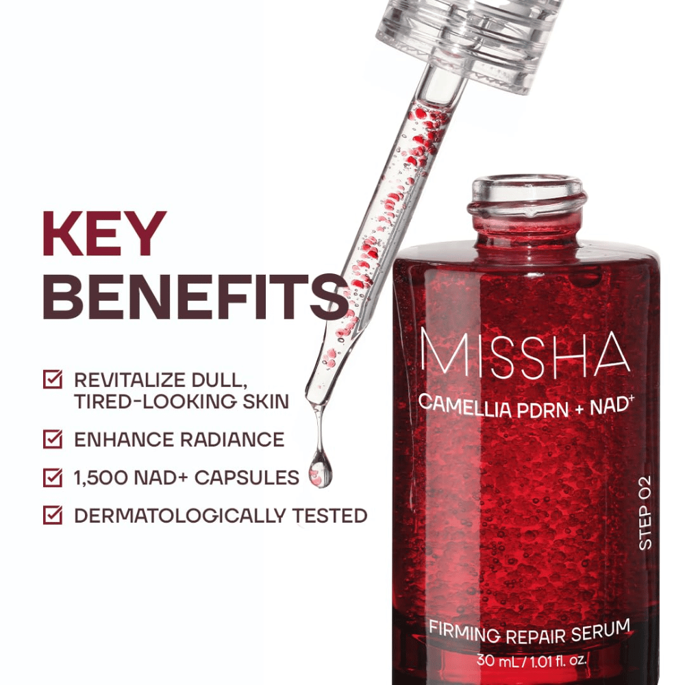 5. MISSHA Camellia PDRN NAD+ Firming Repair Serum – punainen seerumipullo pipetillä ja näkyvillä kapseleilla sekä tuotteen tärkeimmät hyödyt