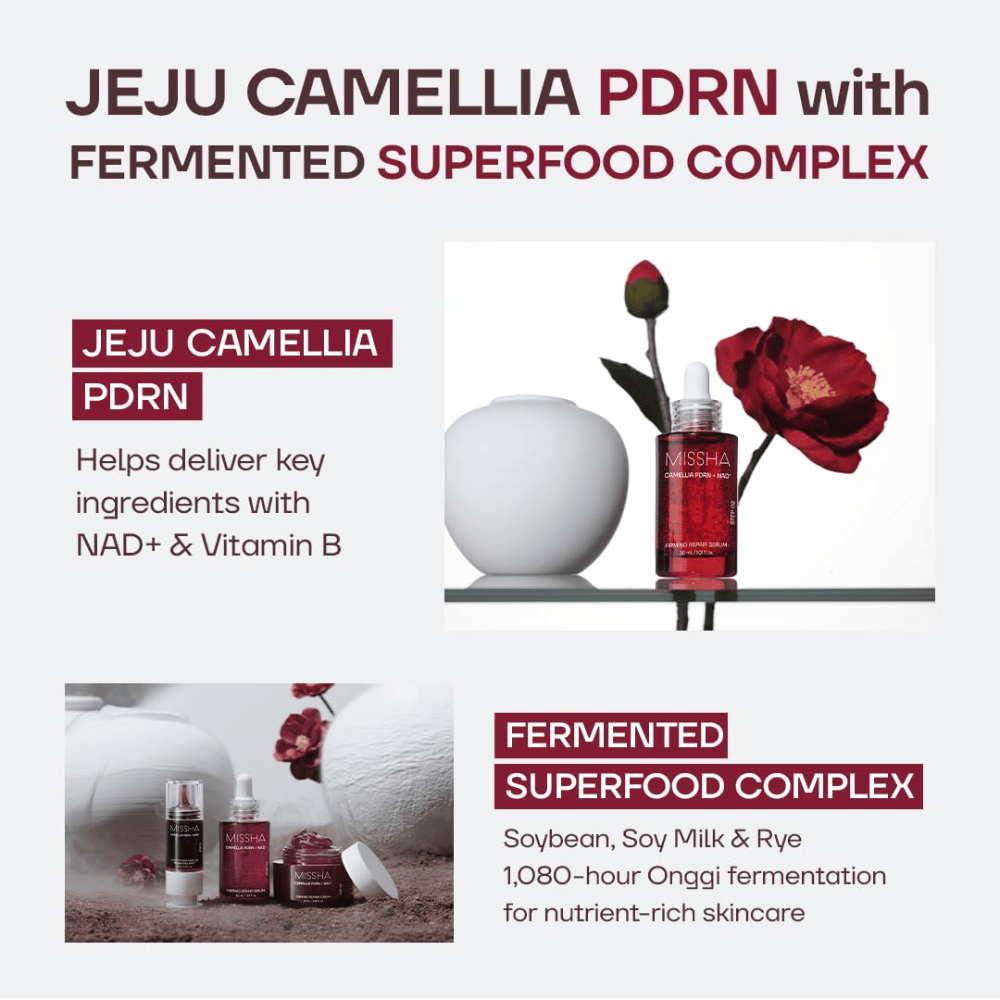 2. MISSHA Camellia PDRN NAD+ Firming Repair Serum – seerumi, jossa on Jejun kameliaa ja fermentoituja ainesosia kuten soijaa ja ruista