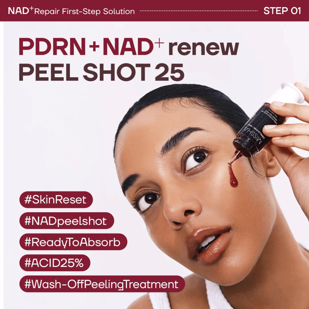 4. MISSHA Camellia PDRN NAD+ High-Potency Acid 25 Renew Peel Shot – malli levittää kuorivaa kasvojen kuorinta poskelle