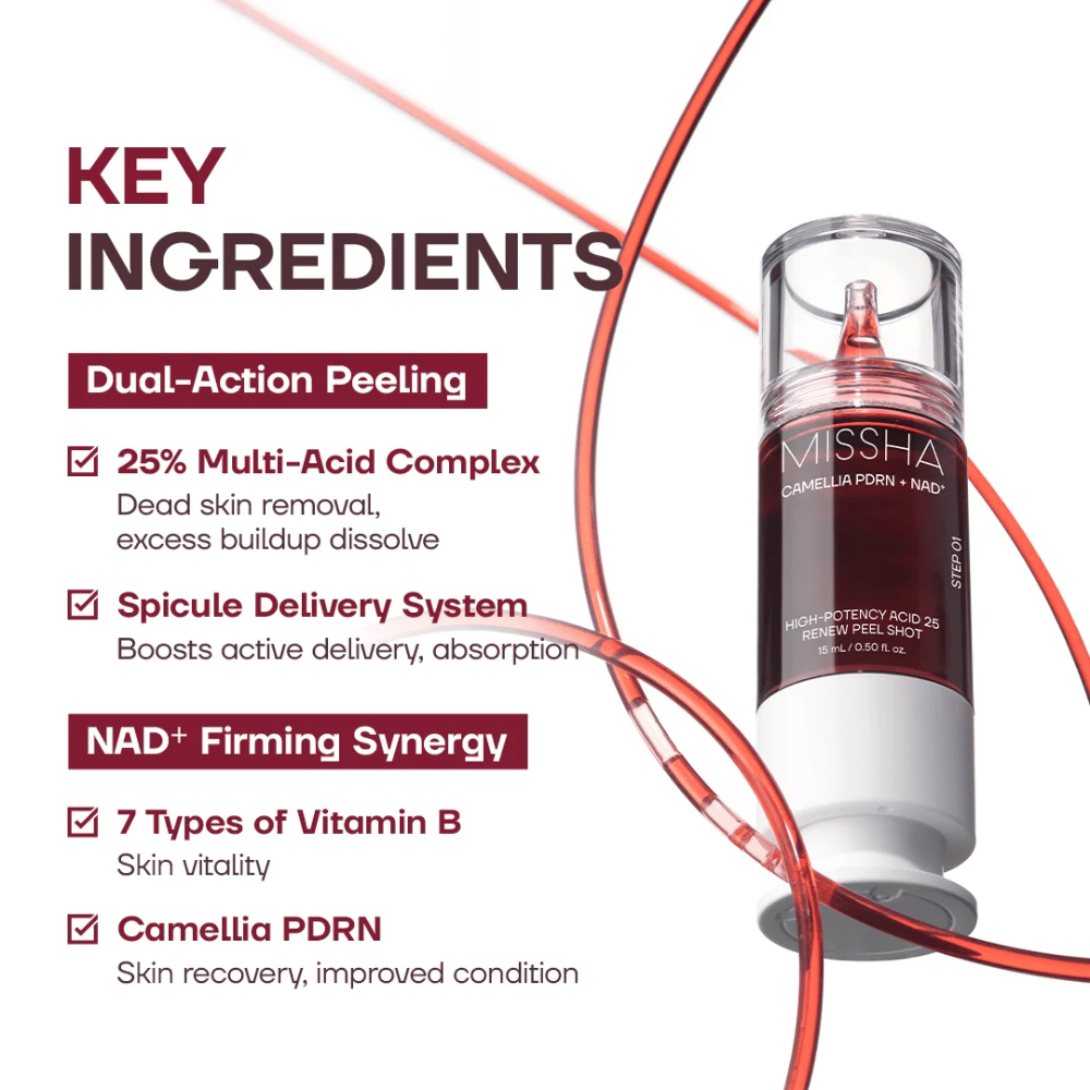 2. MISSHA Camellia PDRN NAD+ High-Potency Acid 25 Renew Peel Shot – kasvojen kuorinta, jossa on 25 % happokompleksi, PDRN ja NAD+