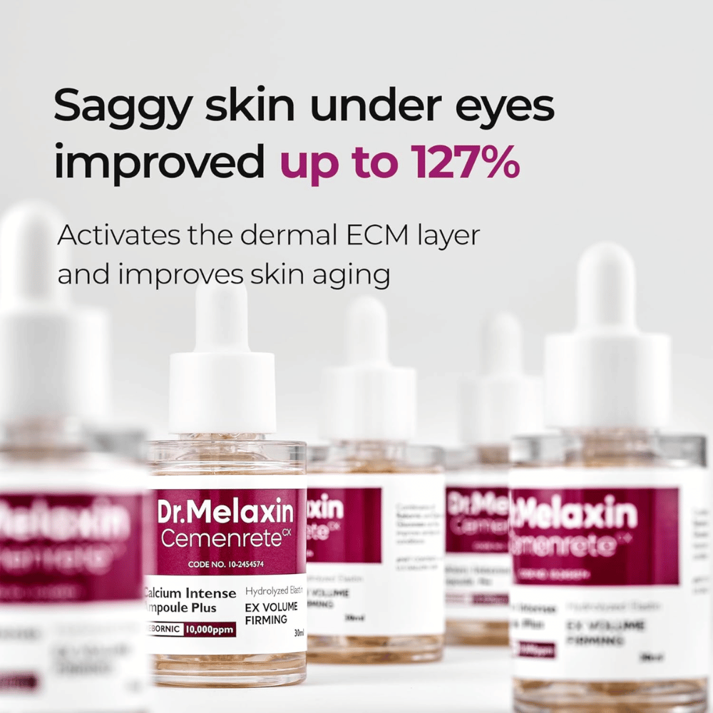 Dr. Melaxin Cemenrete Calcium Intense Ampoule Plus esitetään keskittyen ihon löystymisen parantamiseen silmien alla, joka aktivoi ihon ECM-kerroksen ja tukee anti-agingia.