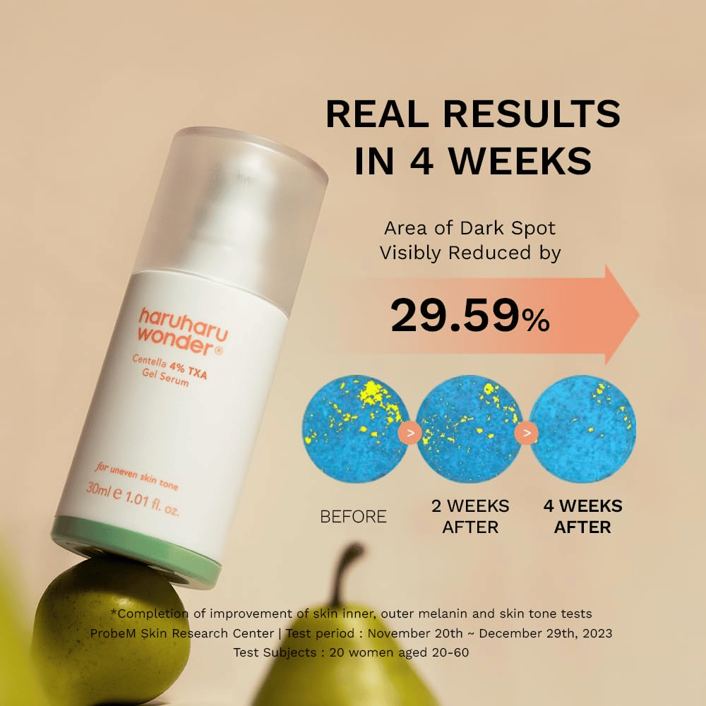 3. Haruharu Wonder Centella 4% TXA Dark Spot Go Away Serum – tulokset neljän viikon jälkeen: tummien läiskien näkyvyys on vähentynyt
