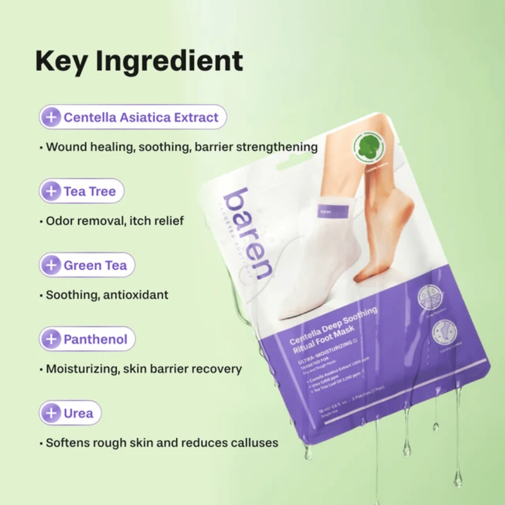 3. Baren Centella Deep Soothing Ritual Foot Mask – tärkeät ainesosat kuten centella asiatica, tea tree, vihreä tee, pantenoli ja urea