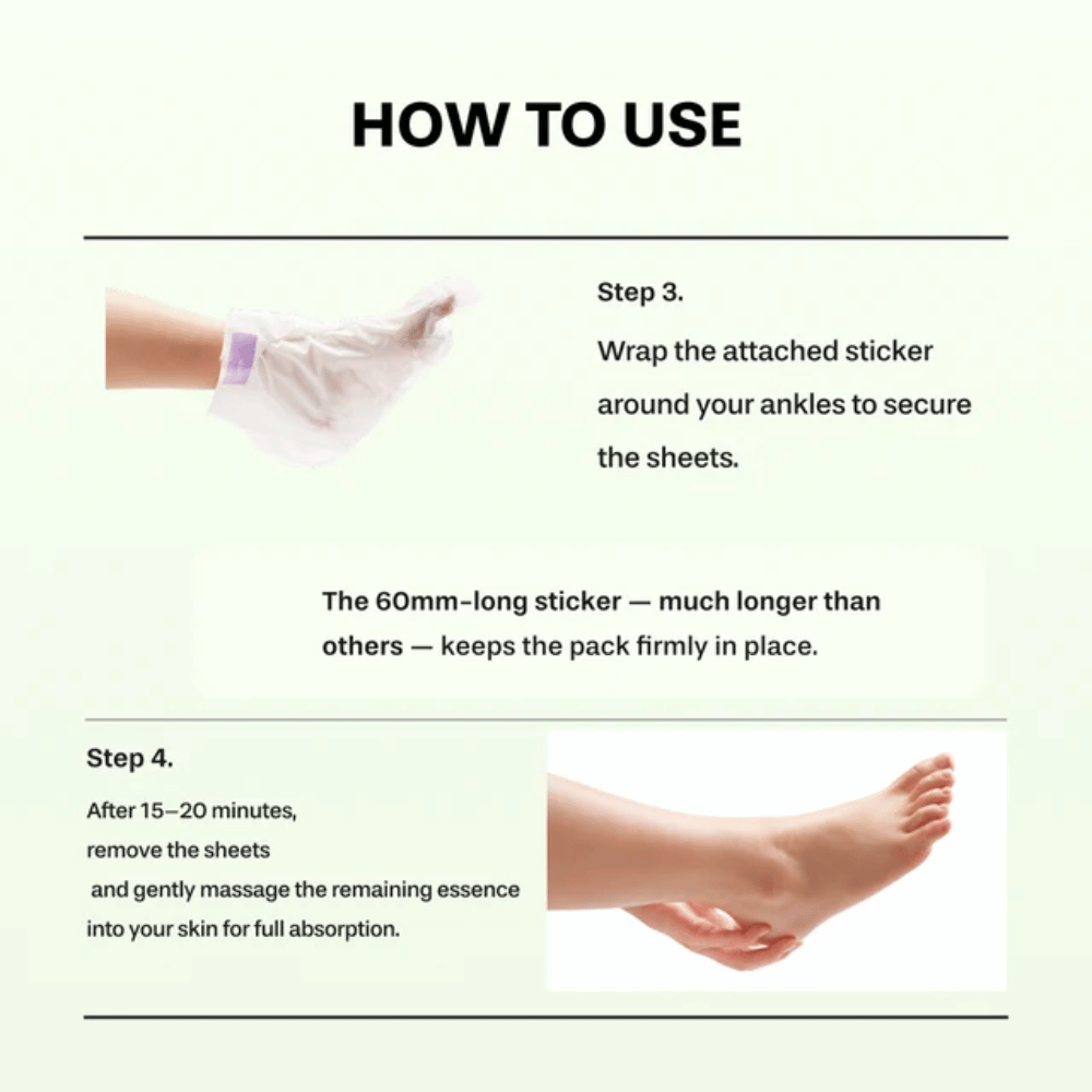 1. Baren Centella Deep Soothing Ritual Foot Mask – vaihe 3 ja 4, jotka näyttävät, kuinka jalkanaamio kiinnitetään nilkan ympärille ja otetaan pois 15–20 minuutin jälkeen