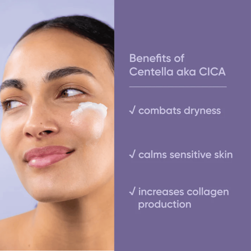 Henkilö, joka levittää kasvovoidetta, grafiikka, joka näyttää Centella Asiatica (CICA) -ainesosan edut Clean It Zero Calming Cleansing Balm:ssä kuivalle, herkälle iholle ja lisääntyneelle kollageenituotannolle.