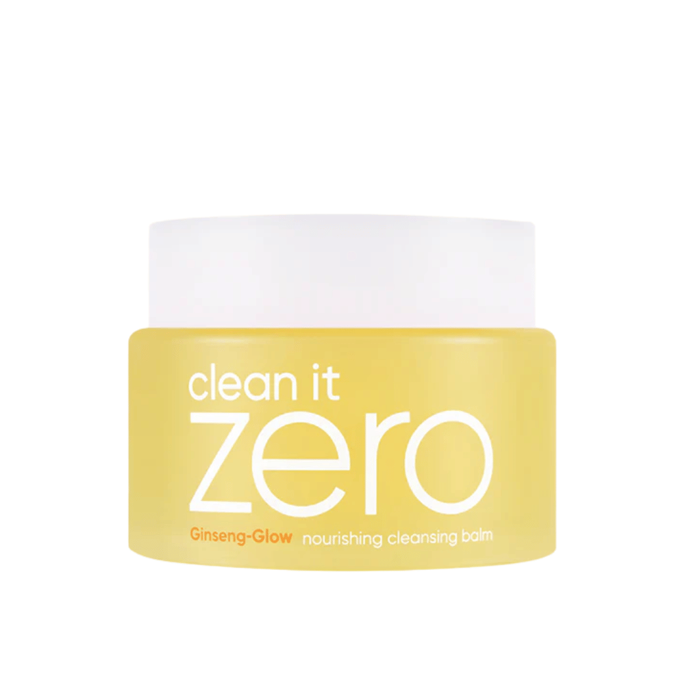 Clean It Zero Ginseng-Glow Nourishing Cleansing Balm keltaisessa purkissa valkoisella taustalla, kosteuttava puhdistusbalmi BANILA CO, joka poistaa meikin ja epäpuhtaudet tehokkaasti.