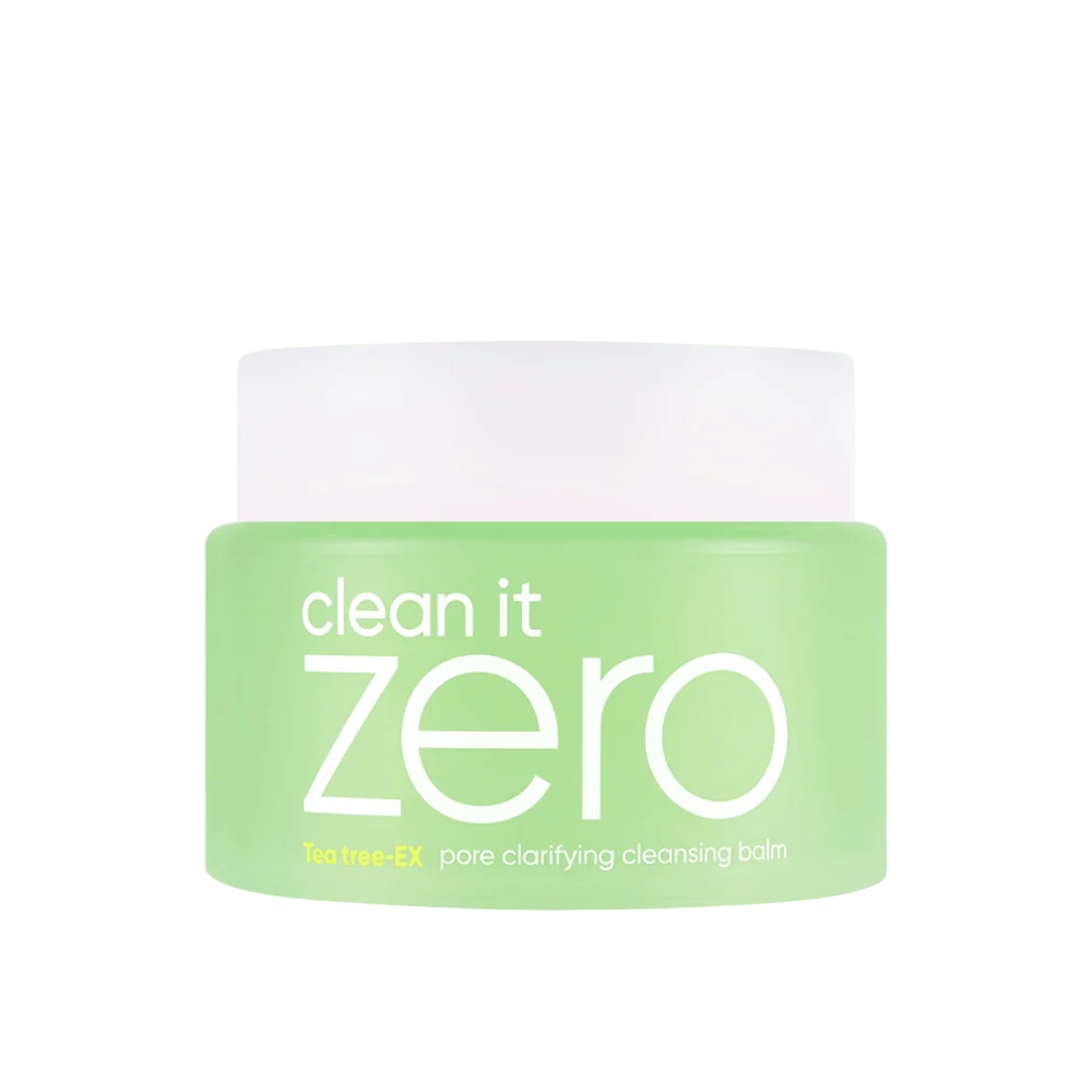 Clean It Zero Tea Tree-EX Pore Clarifying Cleansing Balm vihreässä purkissa valkoisella taustalla, kehitetty rasvaiselle ja sekaiholle, joka tarvitsee tasapainottavaa ja huokosia puhdistavaa puhdistusta.