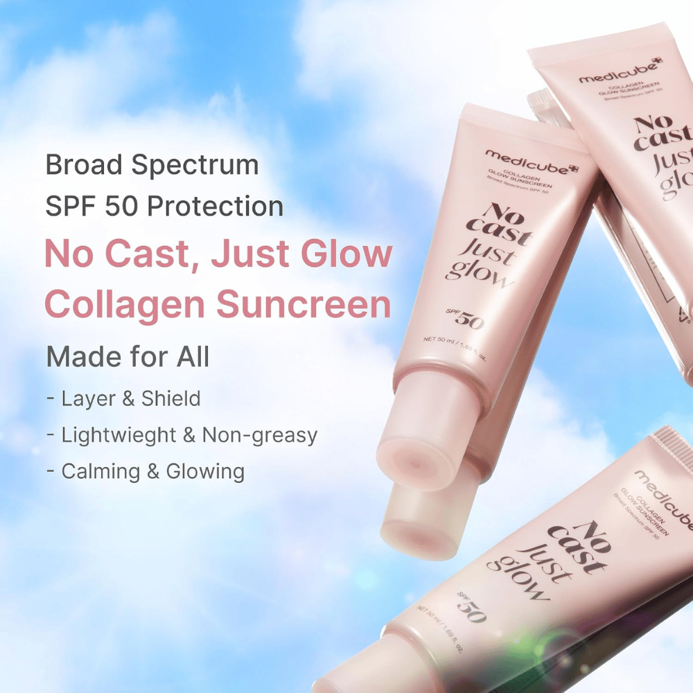 Medicube Collagen Glow Sunscreen SPF 50, kevyt aurinkosuoja hehkua antavalla vaikutuksella ilman valkoista kalvoa. Vaaleanpunaisia aurinkosuojatuubeja sinistä taivasta vasten.