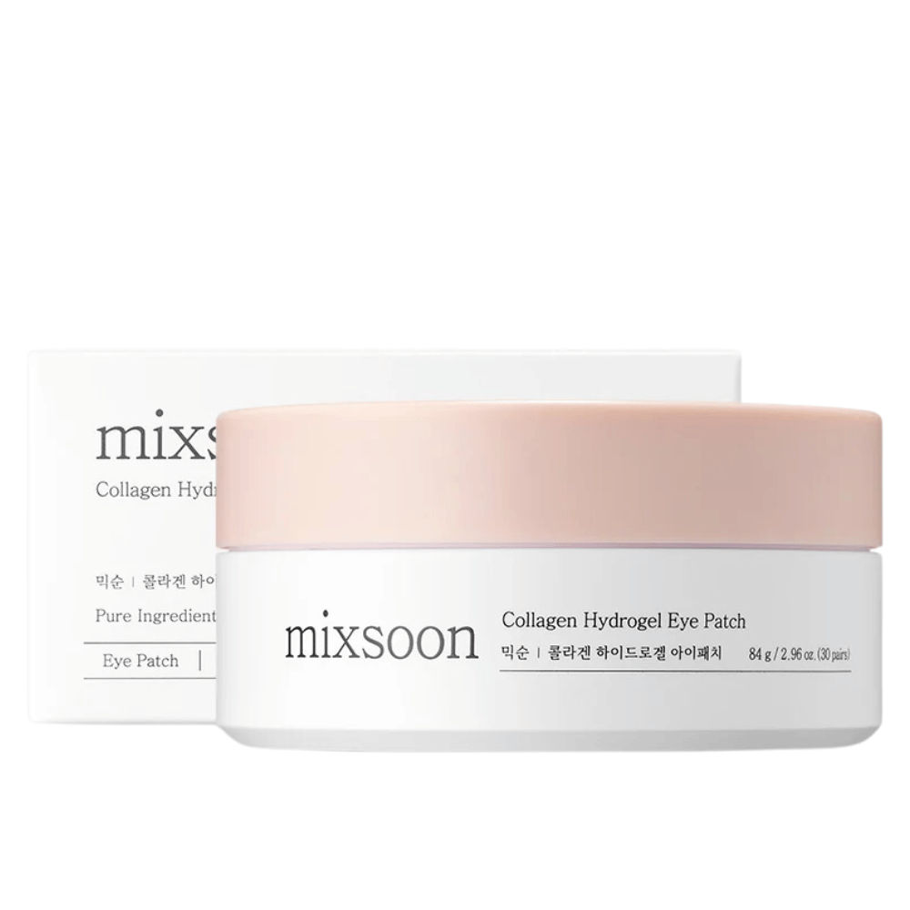 Kuva Mixsoon Collagen Hydrogel Eye Patch, joka näyttää purkin, jossa on vaaleanpunainen kansi ja valkoinen pohja. Purkki sisältää 84 g (30 paria) silmälaastareita. Pakkaus on tyylikäs ja antaa ylellisen ihonhoidon tunteen. Tuote on suunniteltu kosteuttamaan ja ravitsemaan ihoa silmien alla.