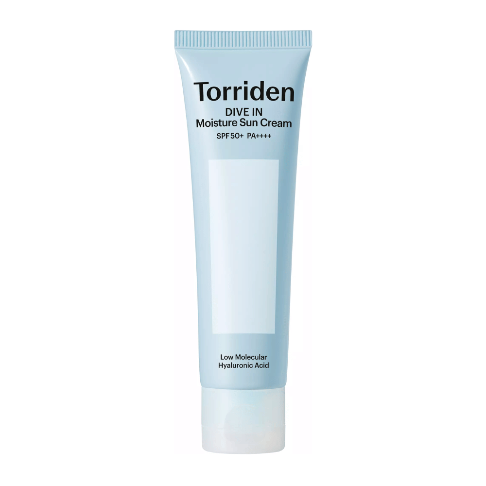 Torriden DIVE-IN Moisture Sun Cream SPF50+ PA++++ tuotekuva valkoisella taustalla, sisältää matalamolekyylistä hyaluronihappoa intensiiviseen kosteutukseen ja UV-suojaukseen.