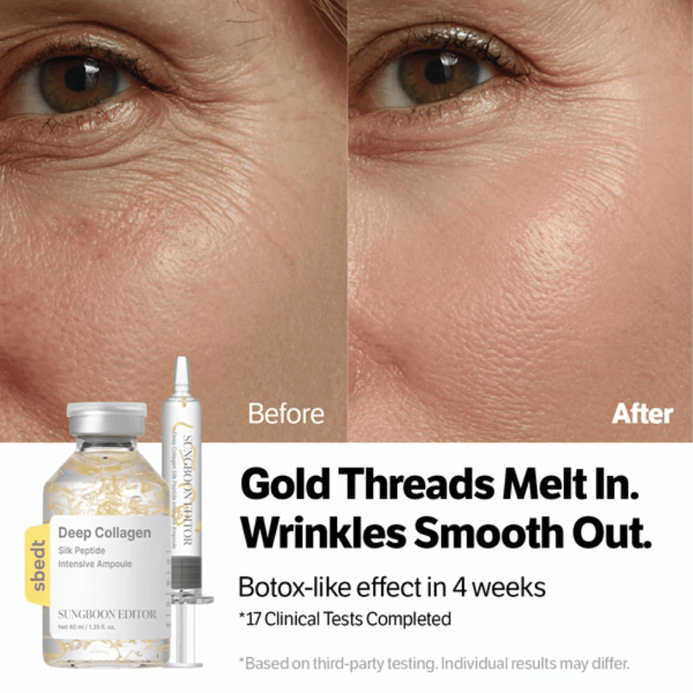 SUNGBOON EDITOR Deep Collagen Silk Peptide Intensive Ampoule – seerumi peptideillä, jotka auttavat vähentämään ryppyjä ja parantamaan ihon kimmoisuutta sileämmän lopputuloksen saavuttamiseksi.