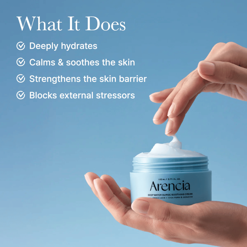 Levitys Arencia Deep Water Surge Soothing Cream – kevyt geelivoide hyaluronihapolla ja keramideilla, joka imeytyy nopeasti ilman tahmaista tunnetta.