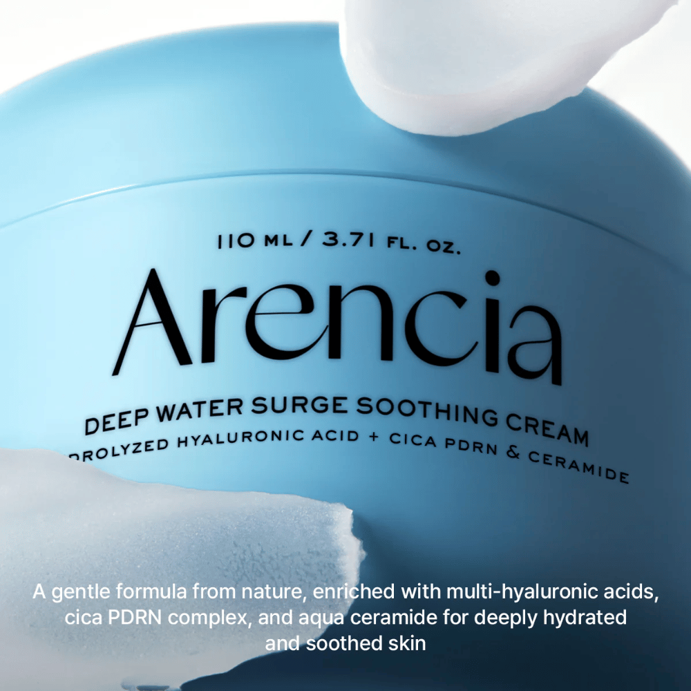 Arencia Deep Water Surge Soothing Cream hyaluronihapolla, Cica PDRN ja keramideilla – rauhoittava kasvovoide, joka kosteuttaa syvältä ja vahvistaa ihon suojakerrosta herkälle ja kuivalle iholle.