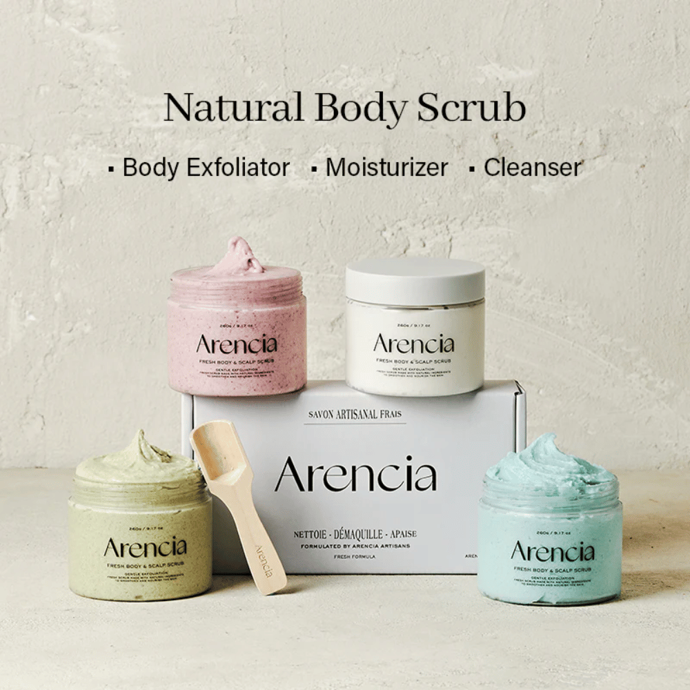 Neljä erilaista Arencia Fresh Body & Scalp Scrub esiteltynä yhdessä, luonnollinen vartalokuorinta ja päänahkakuorinta kuorintaan ja kosteutukseen.