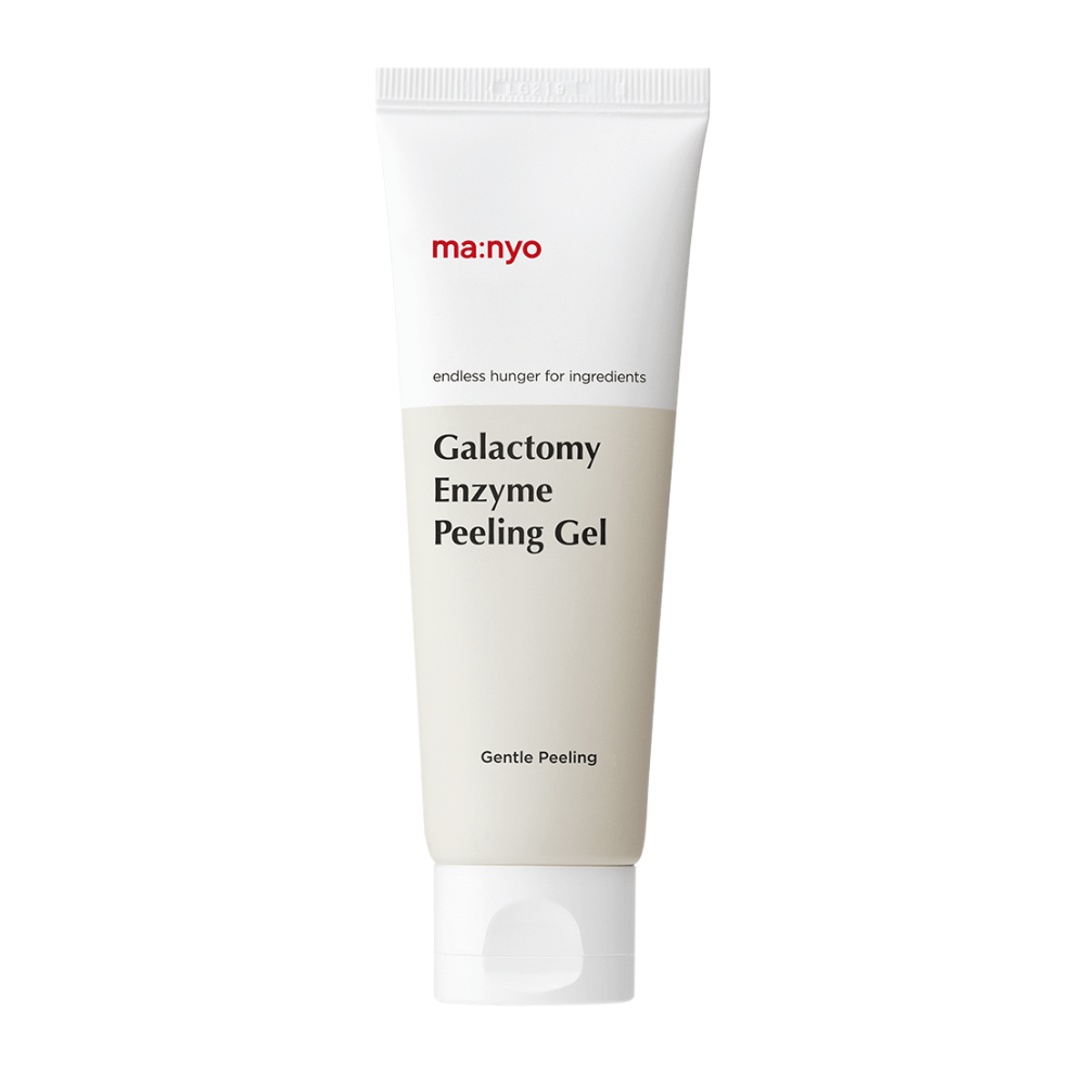 ma:nyo Galactomy Enzyme Peeling Gel, hellävarainen kuorintageeli valkoisessa ja beigessä tuubissa valkoista taustaa vasten.