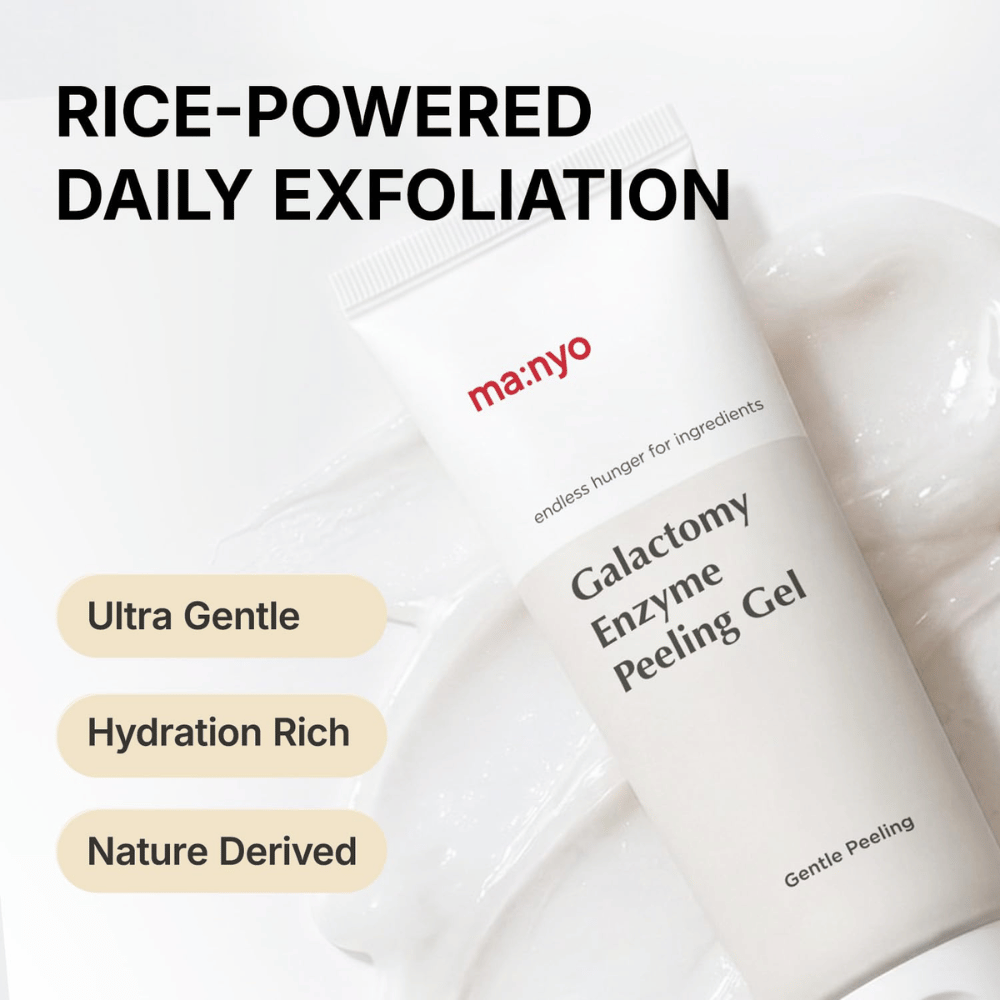 ma:nyo Galactomy Enzyme Peeling Gel, mieto kasvojen kuorinta riisipohjaisilla ainesosilla ja kosteuttavalla geelikoostumuksella.