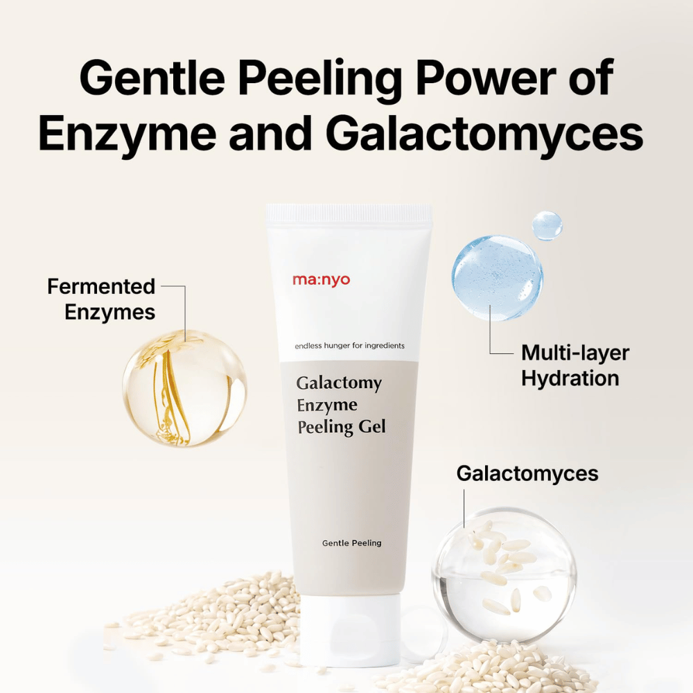 ma:nyo Galactomy Enzyme Peeling Gel fermentoiduilla entsyymeillä ja galactomycesilla, jotka kuorivat ja kosteuttavat ihoa.