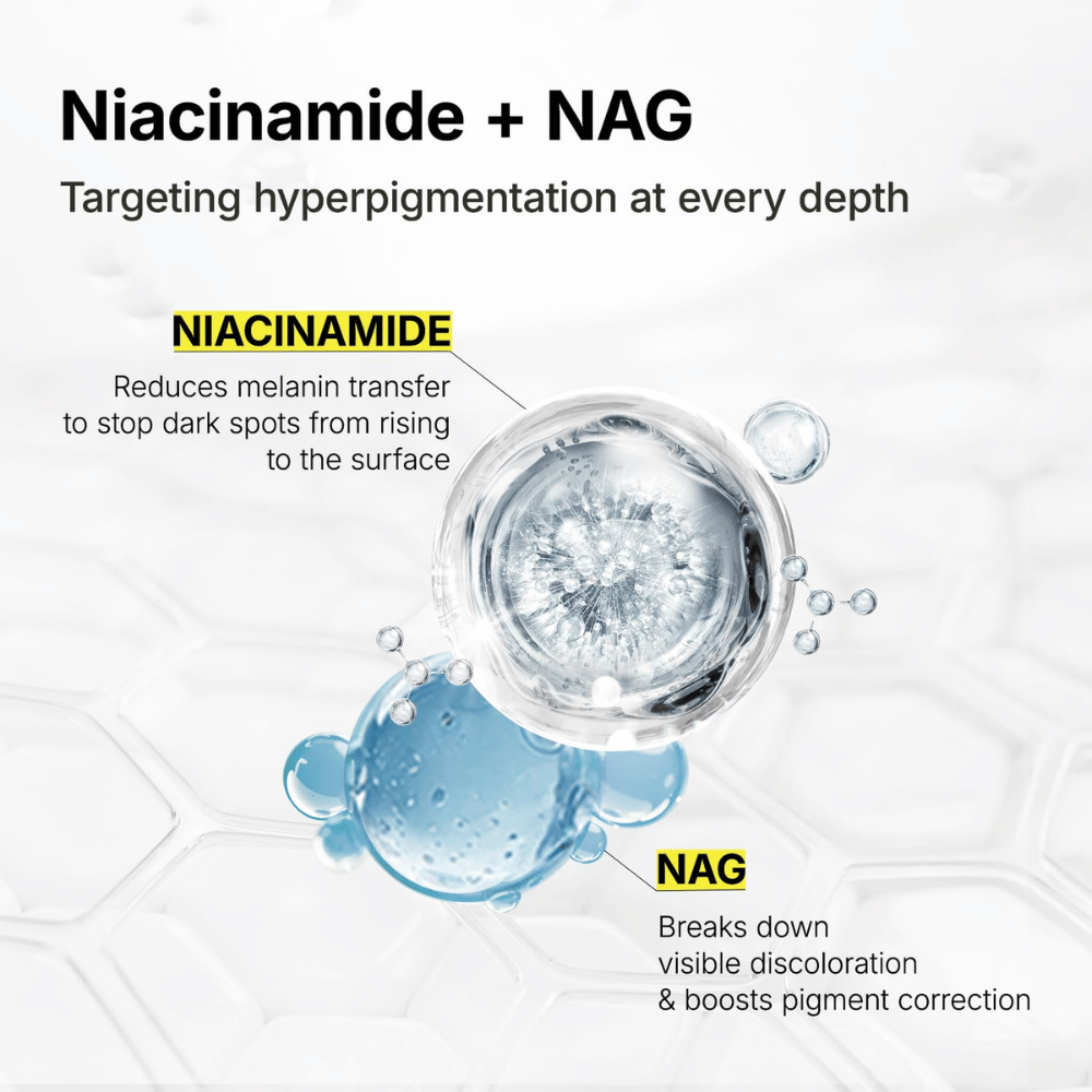 Ma:nyo Glutathione 7 Dark Spot Serum niasiiniamidin ja NAG:n kanssa, jotka auttavat torjumaan hyperpigmentaatiota ja tummia läiskiä