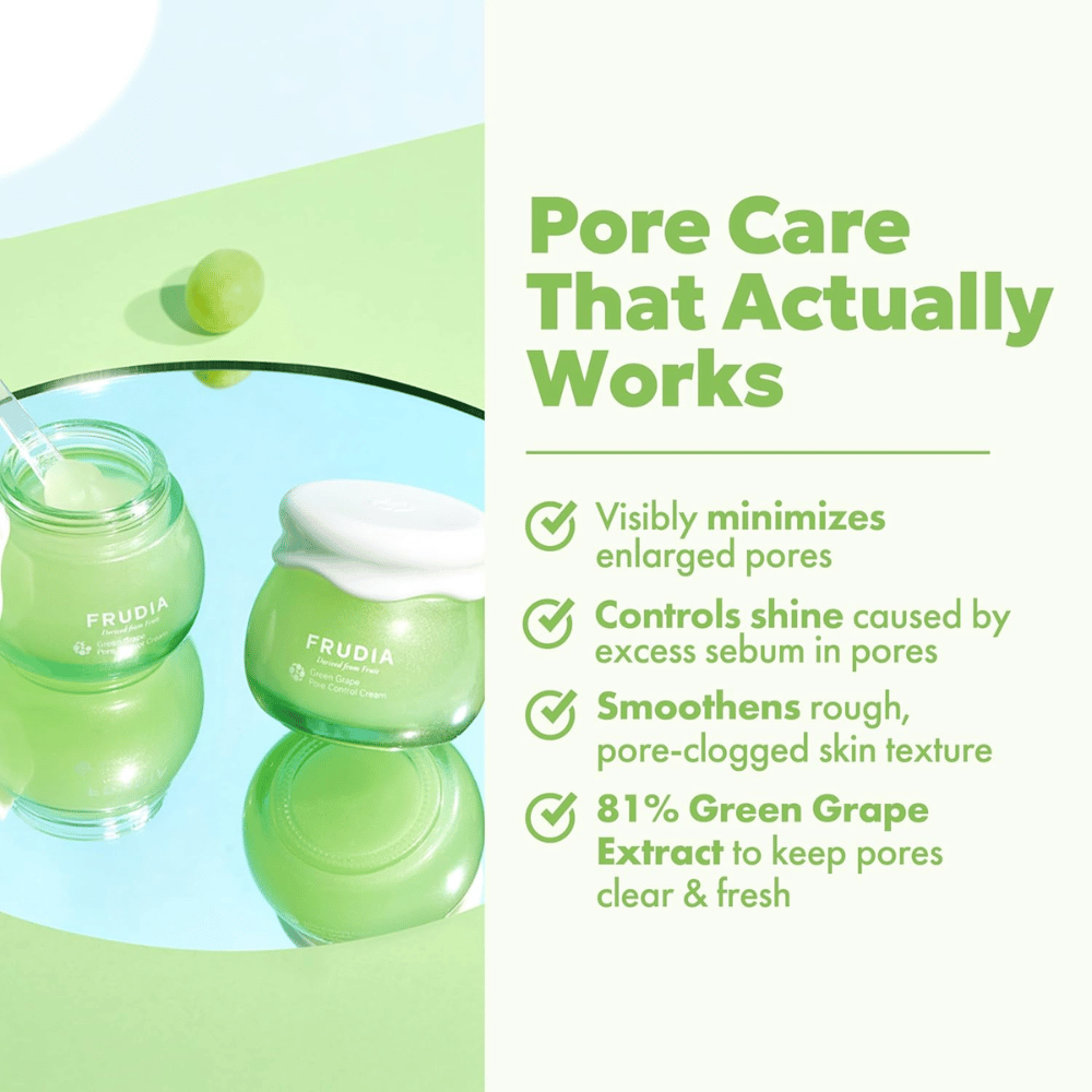 FRUDIA Green Grape Pore Control Cream joka näkyvästi vähentää huokosia, hallitsee kiiltoa ja tasoittaa ihon rakennetta 81 % vihreällä rypäleuutteella.