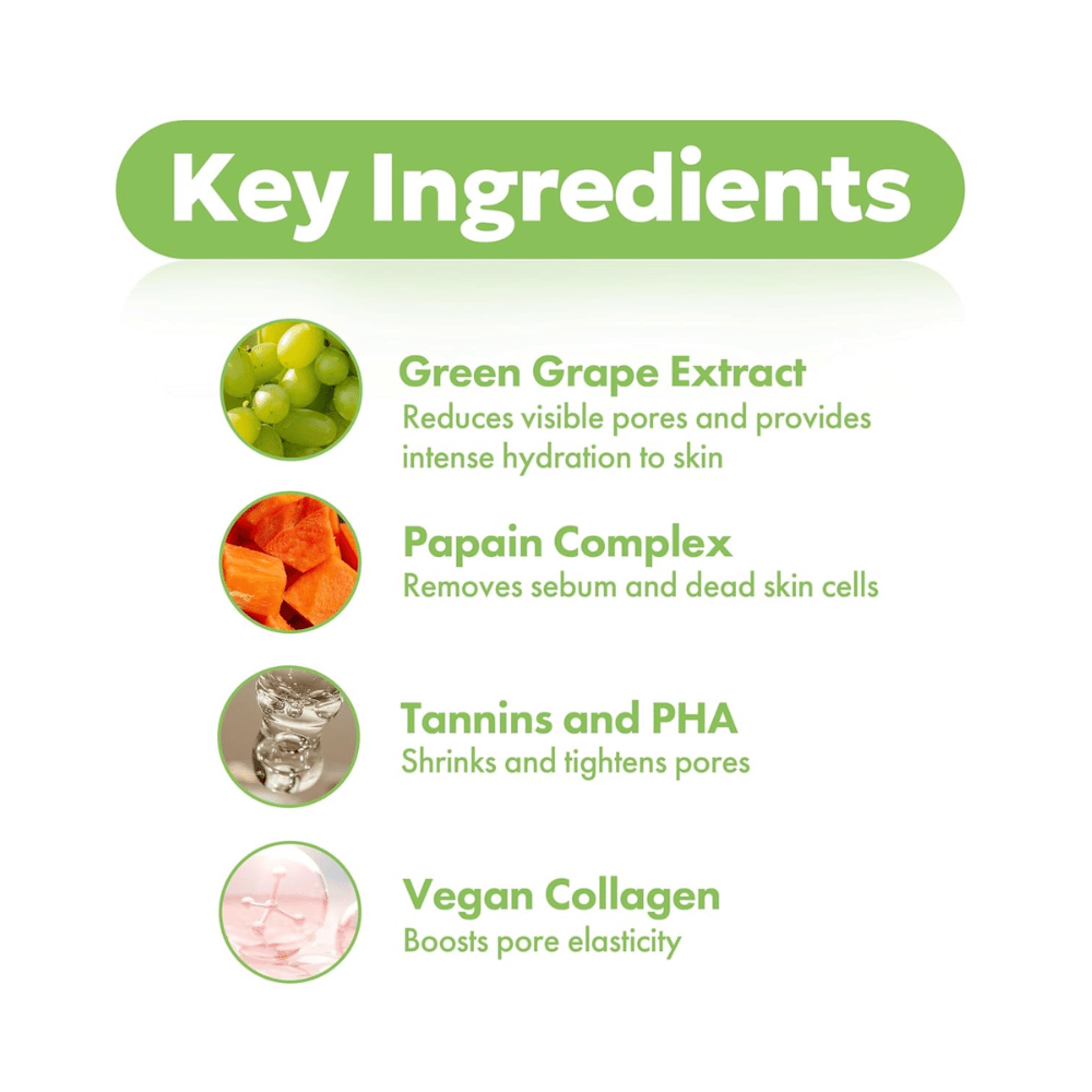 Tärkeimmät ainesosat FRUDIA Green Grape Pore Control Cream vihreällä rypäleuutteella, papaiinilla, PHA:lla, tanniineilla ja vegaanisella kollageenilla kirkkaampaan ja sileämpään ihoon.