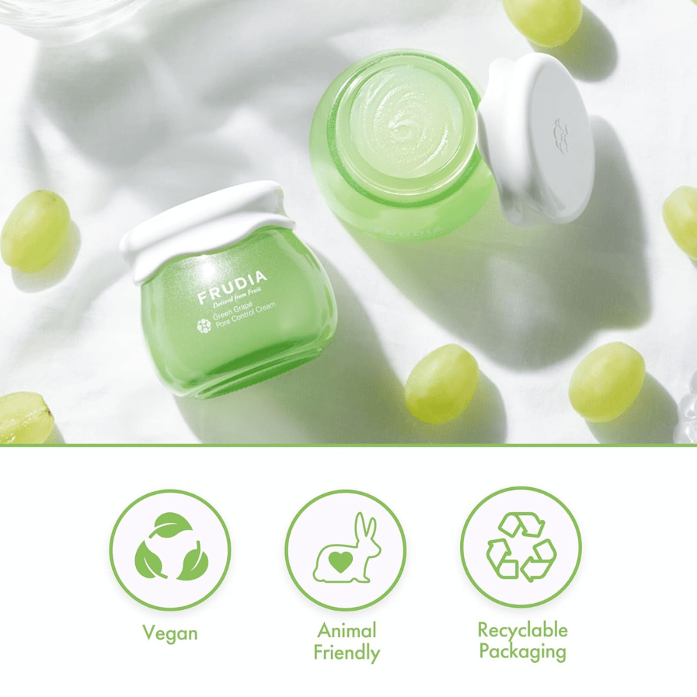 FRUDIA Green Grape Pore Control Cream vihreällä rypäleuutteella, vegaaninen kasvovoide, joka minimoi huokosia, tasapainottaa talia ja tarjoaa kierrätettävän pakkauksen.