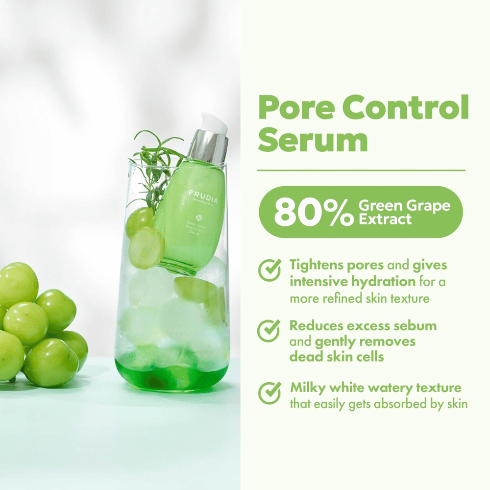 Frudia Green Grape Pore Control Serum joka kiinteyttää huokosia, vähentää ylimääräistä talia ja imeytyy nopeasti kevyellä, maitomaisella koostumuksella raikkaan ja tasapainoisen ihon saavuttamiseksi.