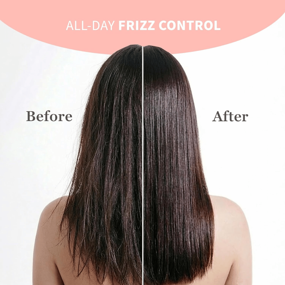TOCOBO Heat Proof Hair Mist #01 Lowkey Famous – ennen ja jälkeen pörröisyyden hallinnalla ja sileämmillä hiuksilla