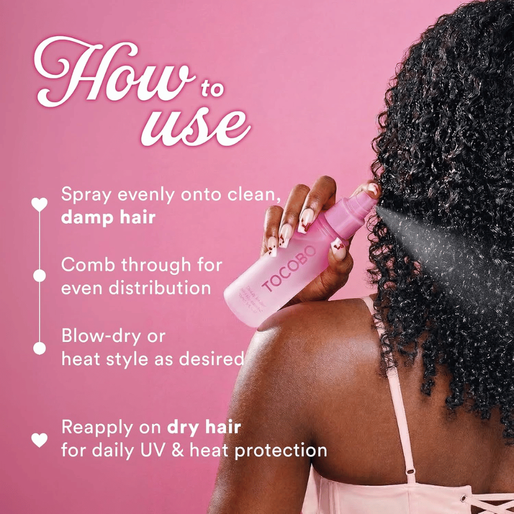 TOCOBO Heat Proof Hair Mist #01 Lowkey Famous – levitys kosteisiin hiuksiin ennen föönausta ja lämpömuotoilua