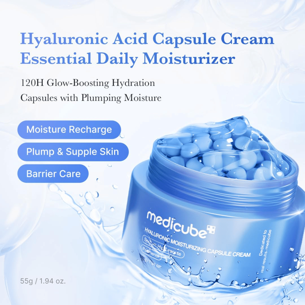 4. Medicube Hyaluronic Moisturizing Capsule Cream – siniset kosteuskapselit geelissä, jotka kosteuttavat, rauhoittavat ja vahvistavat ihon suojamuuria