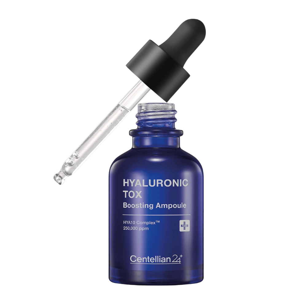 5. Centellian24 Hyaluronic Tox Boosting Ampoule – sininen lasipullo kosteuttavaa kasvojen seerumia ja pipettiä