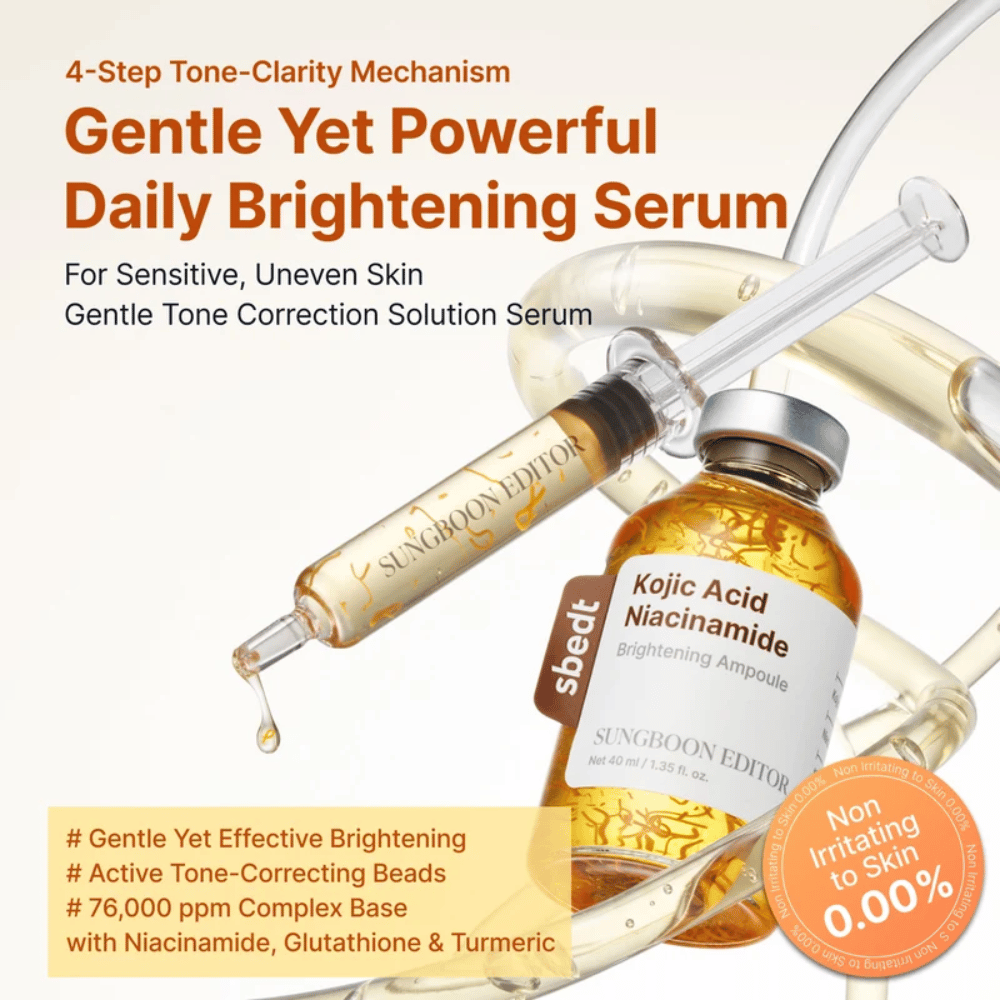 6. SUNGBOON EDITOR Kojic Acid Niacinamide Brightening Ampoule 40 ml – kultainen seerumi, jossa applikaattori, koijhappoa ja niasiiniamidia lisäämään hehkua ja tasoittamaan ihonsävyä
