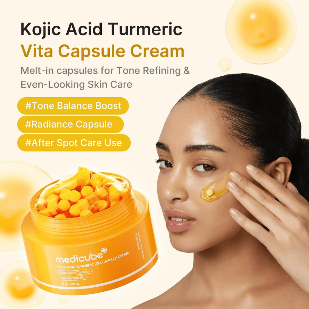 4. Medicube Kojic Acid Turmeric Vita Capsule Cream – hehkua antava kasvovoide, jossa kapselit levitetään poskelle