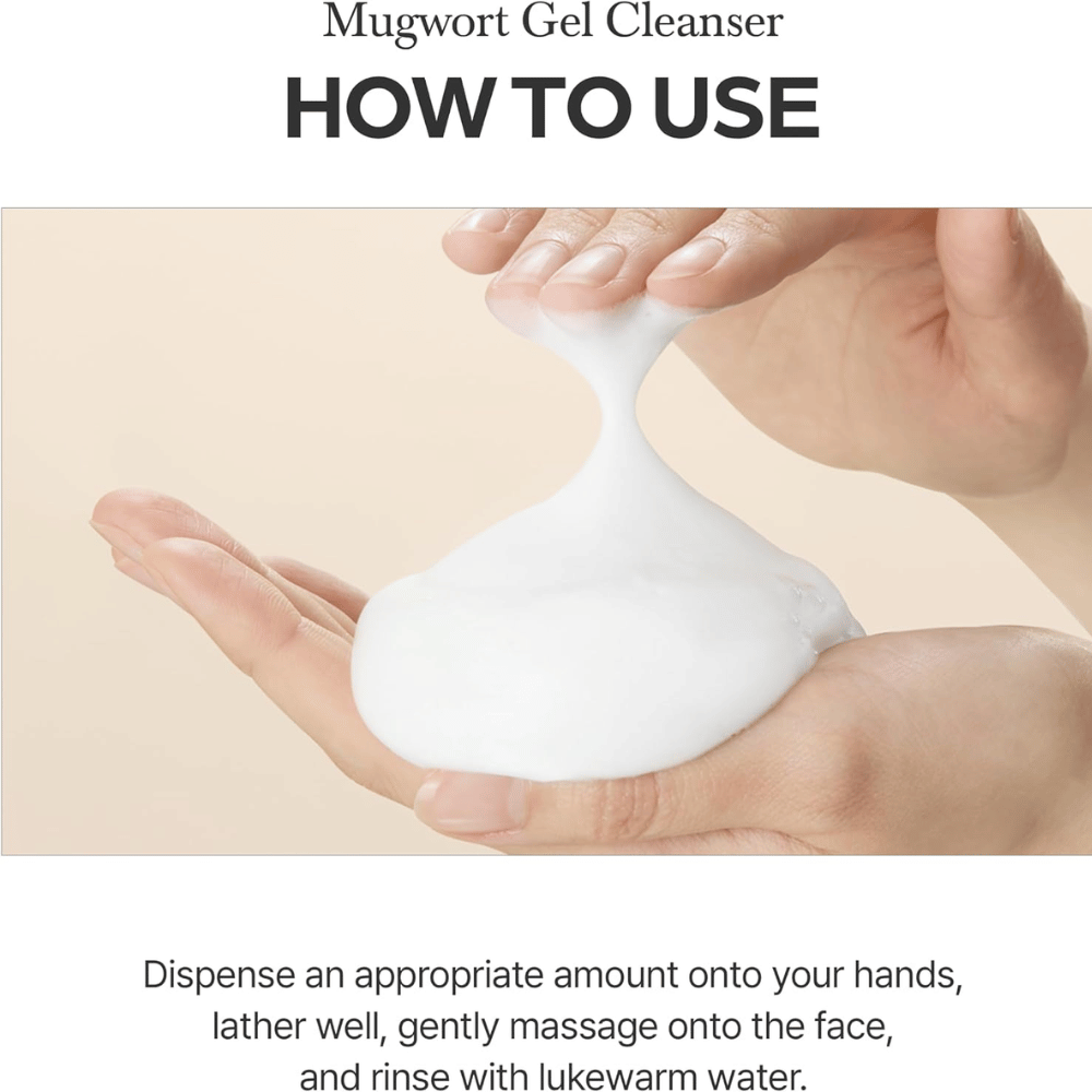 I'm From Mugwort Gel Cleanser 150 ml käyttöohjeineen. Kädet näyttävät, miten puhdistusgeeli vaahdotetaan pehmeäksi, valkoiseksi vaahdoksi.
