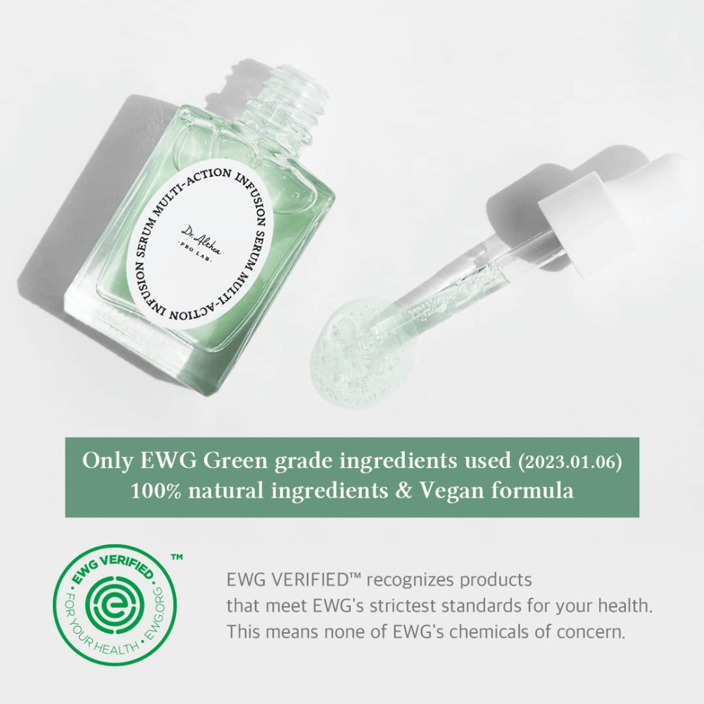 Dr. Althea Multi Action Infusion Serum vegaanisella koostumuksella ja EWG-sertifioiduilla ainesosilla, hellävarainen herkälle iholle ja ilman haitallisia aineita.