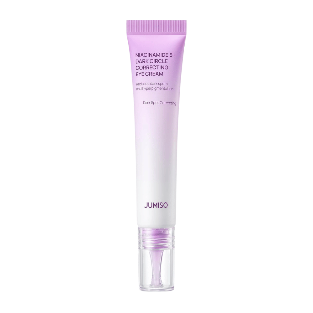 5. Jumiso Niacinamide 5+ Dark Circle Correcting Eye Cream – violetti ja valkoinen tuubi läpinäkyvällä applikaattorilla valkoista taustaa vasten