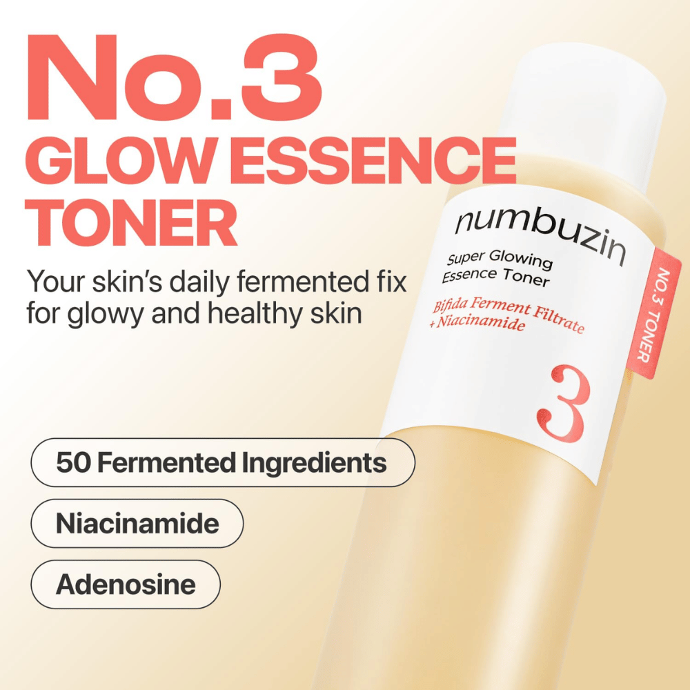 Numbuzin No.3 Glow Essence Toner – päivittäinen fermentoitu essenssi terveelle, kosteutetulle ja säteilevälle iholle.