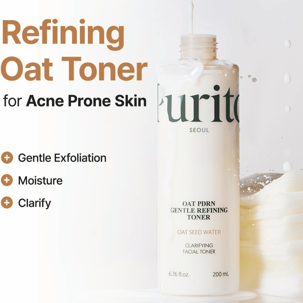 Purito Oat PDRN Gentle Refining Toner 200 ml – mieto kuoriva toner, joka kosteuttaa, kirkastaa ja tasapainottaa akneen taipuvaista ihoa