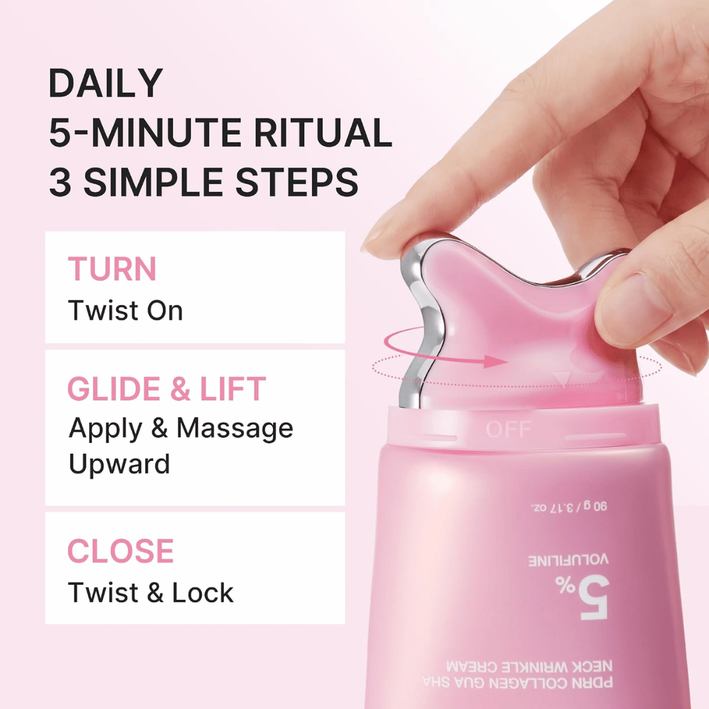 1. Medicube PDRN Collagen Gua Sha Neck Wrinkle Cream – levitys ja hieronta kolmessa helpossa vaiheessa