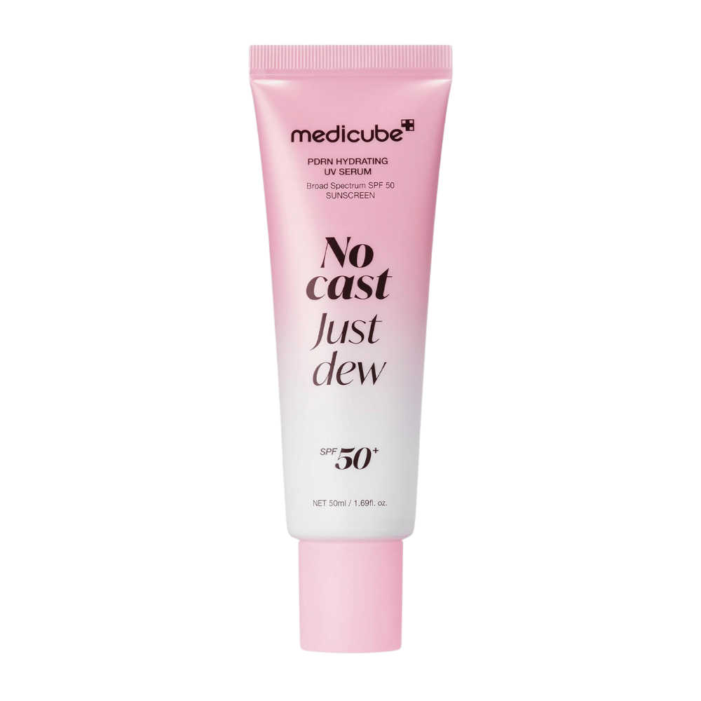 6. Medicube PDRN Hydrating UV Serum SPF 50+ 50 ml – vaaleanpunainen ja valkoinen tuubi kosteuttavalla aurinkosuojalla kasvoille